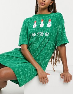 Зеленое пижамное платье из органического хлопка с принтом снеговика Monki Toonie-Зеленый