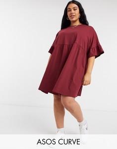 Темно-бордовое свободное платье с присборенной юбкой и рукавами-оборками ASOS DESIGN Curve-Красный