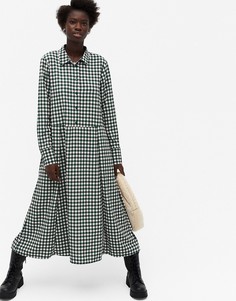 Зеленое платье-рубашка миди с узором в клетку Monki Ada-Зеленый