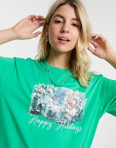 Зеленая футболка с винтажным новогодним принтом и надписью "Happy Holidays" ASOS DESIGN-Красный