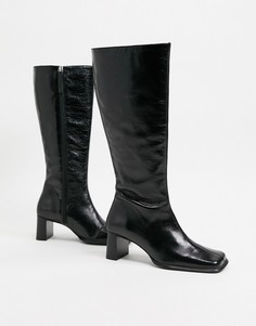 Высокие кожаные сапоги премиум-класса на каблуке черного цвета ASOS DESIGN Cali-Черный