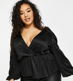 Эксклюзивный черный топ с длинными рукавами, запахом и баской ASOS DESIGN Curve