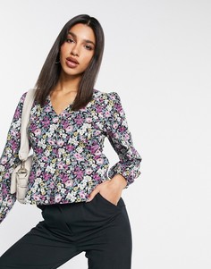 Фиолетовая блузка с объемными рукавами и цветочным принтом Vero Moda-Фиолетовый