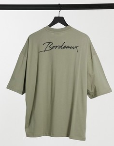 Oversized-футболка цвета хаки с надписью на спине ASOS DESIGN-Зеленый