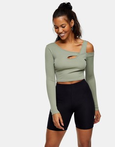 Топ цвета хаки с длинными рукавами и вырезом Topshop-Зеленый