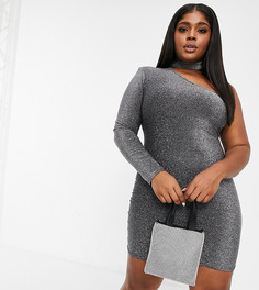 Блестящее серебристое платье мини на одно плечо с горловиной-чокером Fashionkilla Plus-Серебристый