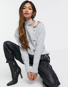 Серый джемпер в косичку с вырезами на плечах River Island