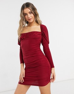 Бордовое платье мини с длинными рукавами и сборками на груди ASOS DESIGN-Красный
