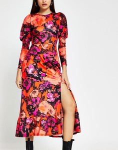 Красное платье миди с цветочным принтом и зауженными рукавами River Island-Красный
