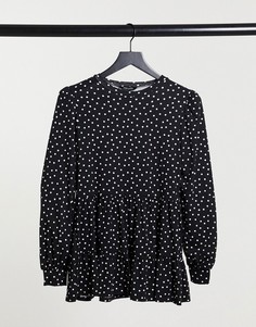 Черный свободный ярусный топ в горошек New Look