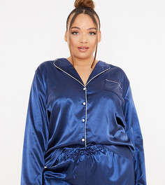 Темно-синяя атласная пижамная рубашка с контрастной отделкой In The Style Plus x Lorna Luxe-Темно-синий