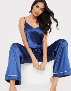 Темно-синий пижамный комплект из майки и брюк с широкими штанинами из атласной ткани с контрастной отделкой In The Style x Lorna Luxe