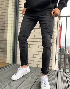 Облегающие джинсы выбеленного черного цвета с рваными разрезами Jack & Jones Intelligence Liam-Черный
