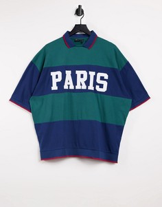 Сине-зеленое oversized-поло без застежки с подшитыми манжетами и надписью на груди ASOS DESIGN-Многоцветный