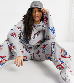 Худи в стиле oversized с комбинированным принтом New Girl Order Curve (от комплекта)-Серый
