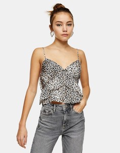Атласная блузка леопардовой расцветки с оборками Topshop-Коричневый