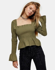 Присборенная блузка цвета хаки Topshop-Зеленый