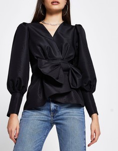 Черная блузка из тафты с завязкой в виде банта River Island-Черный