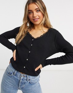 Топ в виде кардигана в рубчик с кружевной отделкой Cason от Brave Soul-Черный