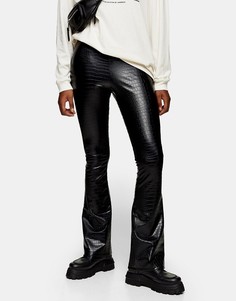 Черные расклешенные брюки из искусственной крокодиловой кожи Topshop-Черный