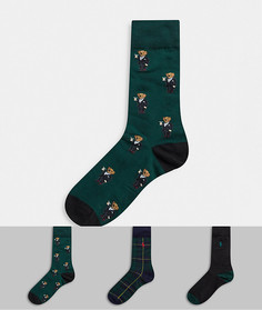 Подарочный набор из трех пар носков со сплошным рисунком медвежонка зеленого цвета Polo Ralph Lauren-Зеленый