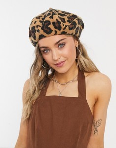 Коричневый берет с леопардовым принтом Monki Brooklyn