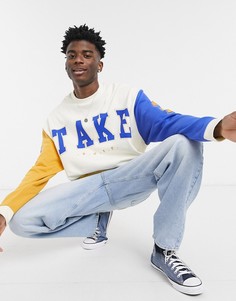 Oversized-свитшот в стиле колор блок с крупным университетским принтом ASOS DESIGN-Бежевый
