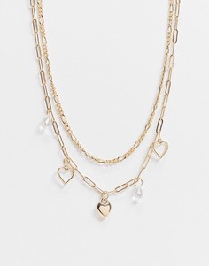 Золотистое ожерелье в несколько рядов с цепочкой плетения «снейк» и подвесками в виде сердечка и искусственного жемчуга Topshop-Золотистый