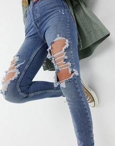 Синие зауженные джинсы с рваной отделкой We The Free by Free People-Голубой