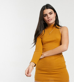 Платье мини в рубчик карамельного цвета с высоким воротником и на одно плечо ASOS DESIGN Petite-Коричневый цвет