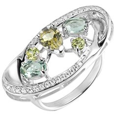 Balex Кольцо 1457930044 из серебра 925 пробы с кварцем Лимонным, шпинелью, хризолитом природным и фианитом, размер 18