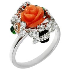 Balex Кольцо 1448930041 из серебра 925 пробы с кораллом реконструированным, фианитом и эмалью, размер 20