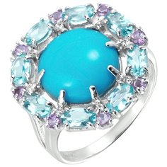 Balex Кольцо 1457930032 из серебра 925 пробы с бирюзой реконструированной, кварцем Параиба природным, аметистом природным и фианитом, размер 19