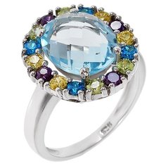 Balex Кольцо 1410931219 из серебра 925 пробы с топазом голубым природным, аметистом синтетическим, топазом Лондон синтетическим и цитрином синтетическим, размер 18