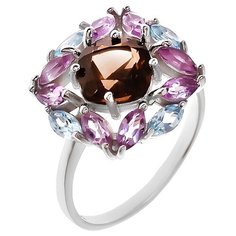 Balex Кольцо 1405936738 из серебра 925 пробы с раухтопазом природным, аметистом природным и топазом голубым природным, размер 17