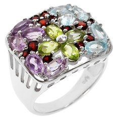 Balex Кольцо 1405936645 из серебра 925 пробы с аметистом природным, топазом голубым природным, хризолитом природным и гранатом природным, размер 17.5