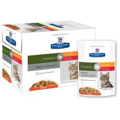 Корм для кошек Hills Prescription Diet Metabolic+Urinary Stress , при избыточном весе, с курицей 12шт. х 85 г (кусочки в соусе)