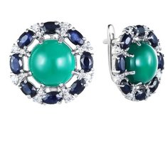 Balex Серьги 2457930030 из серебра 925 пробы с агатом зелёным природным, сапфиром корундом природным и фианитом