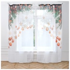 Тюль Этель Новогодние игрушки на ленте 260 см белый/зеленый