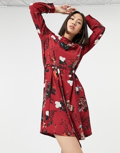 Красное платье мини с короткой расклешенной юбкой, высоким воротом, поясом и цветочным принтом Only-Красный