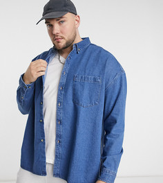 Джинсовая oversized-рубашка в стиле 90х темно-голубого цвета с эффектом потертости ASOS DESIGN Plus-Голубой