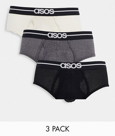 Набор из трех трусов-брифов из однотонного вафельного трикотажа ASOS DESIGN-Многоцветный