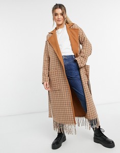 Коричневое пальто в клетку с поясом и бахромой BB Dakota-Бежевый