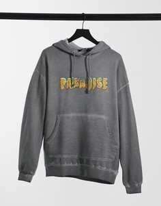 Светло-серый oversize-худи с эффектом кислотной стирки и принтом "PARADISE" на груди ASOS DESIGN