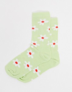 Высокие носки в рубчик зеленого цвета с цветочным рисунком ASOS DESIGN-Зеленый цвет