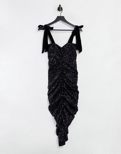 Черное платье мидакси с пайетками, сборками и велюровыми бантами ASOS DESIGN-Черный