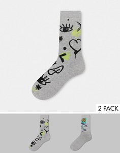 Набор из двух пар спортивных носков серого цвета с рисунком в стиле граффити ASOS DESIGN-Многоцветный