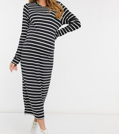 Платье-футболка миди с длинными рукавами в черно-белую полоску ASOS DESIGN Maternity-Черный цвет