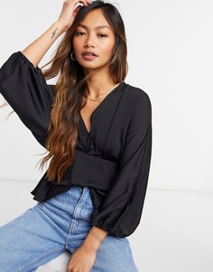 Черный атласный топ с V-образным вырезом и рукавами «летучая мышь» ASOS DESIGN-Черный цвет