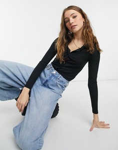 Черная футболка с воротником и сквозной застежкой на пуговицы New Look-Черный цвет
